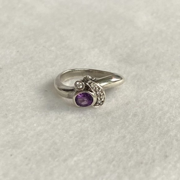 Sterling Silver 925 Oval Faceted Amethyst Modernist Ring Crystal Accents Size 6 - Picture 8 of 11